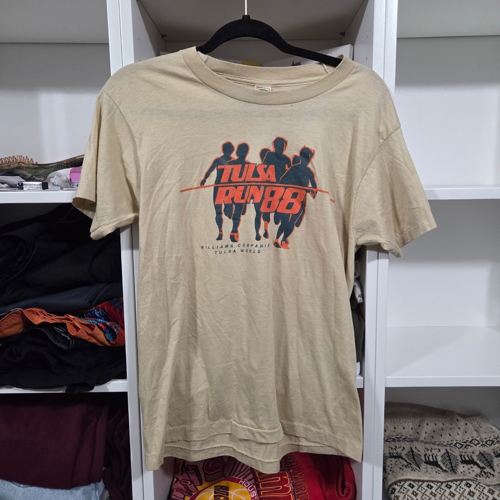 Vintage 1988 Tulsa Run Screen Stars T Shirt Tan Single Stitch Mens Medium USA